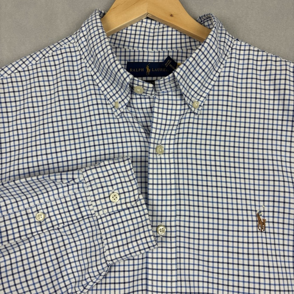 Polo Ralph Lauren Oxford Shirt Mens XL Blue Plaid Flesh Pony Long Sleeve OCBD